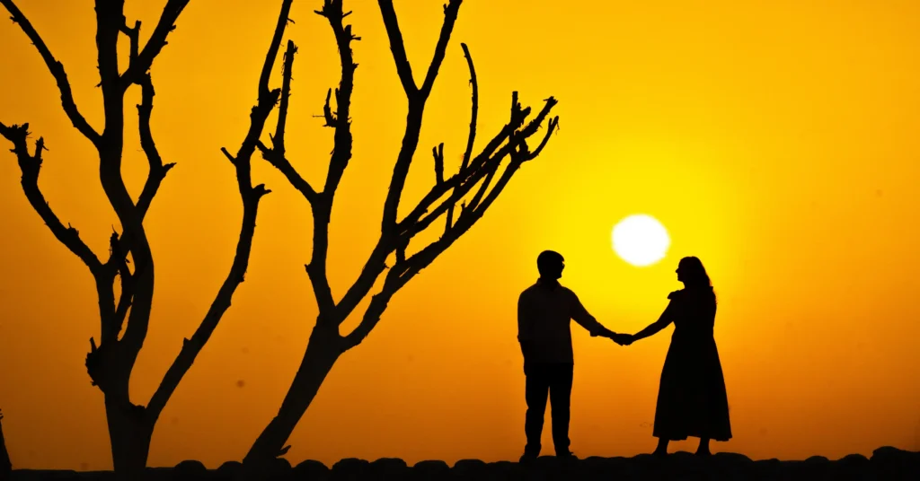 A silhouette of a couple holding hands during a golden hour pre-wedding shoot in Jaipur, featuring a leafless tree against a vibrant orange sunset sky.