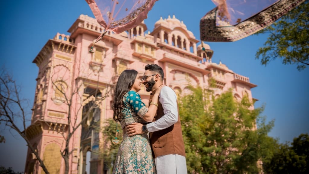 Colorful couple portrait at Patrika Gate, one of the top free Pre Wedding Shoot Locations in Jaipur