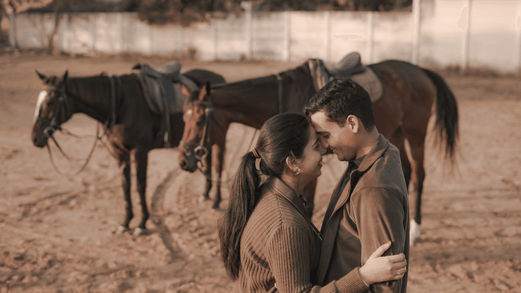 Elegant couple portrait with horses at a premium Pre Wedding Shoot Location in Jaipur
